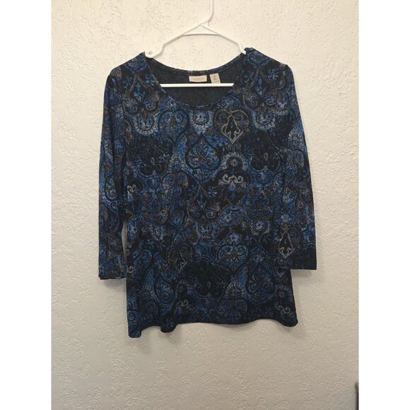 Chico's Tops - Easywear By Chicos Blue Geometric Knit Blouse 3/4 Sleeve Size 2 US Sz Large